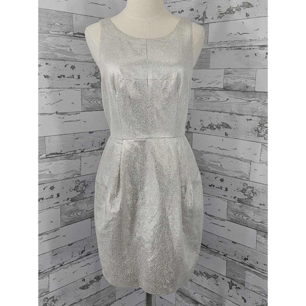 Club Monaco Silver Metallic Sleeveless Cocktail Dress V-Back Pleated Size 6